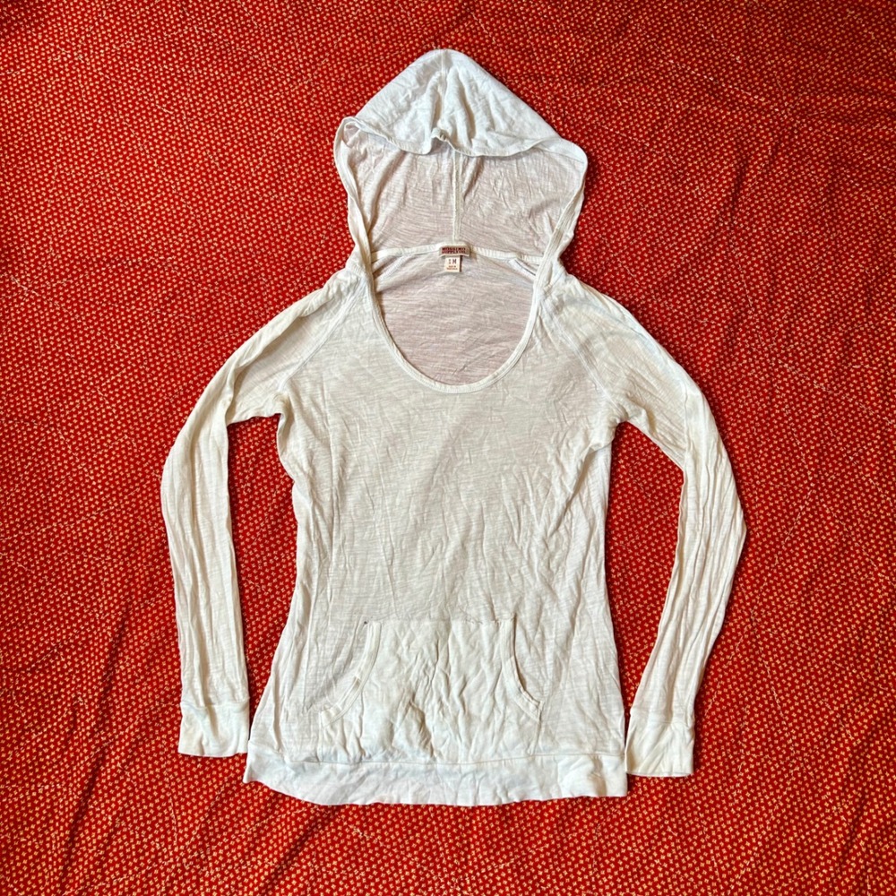 Mossimo Supply Co White Long Sleeve Hooded T-Shirt Scoop Neck Pocket Size M